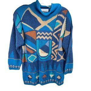 Segrets Womens Vintage 1980’s Sweater Hand Knit Rolled Mock Neck Blue Small